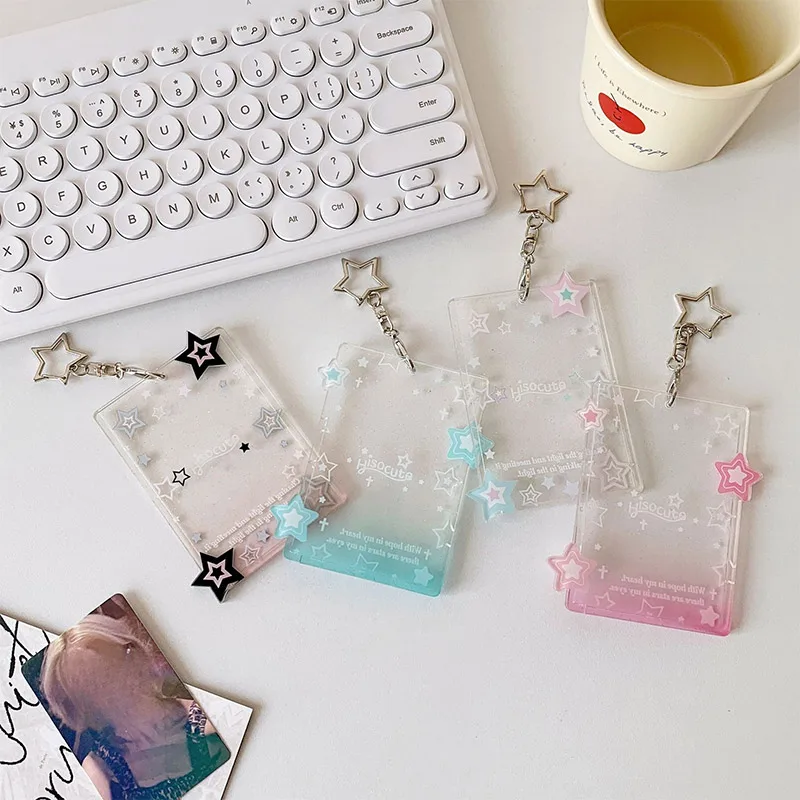 10*6.9cm Glitter Star Keychain Pendant Card Set Id Badge Holder Bus Card Credit Id Bank Card Holder Transparent Acrylic Bag