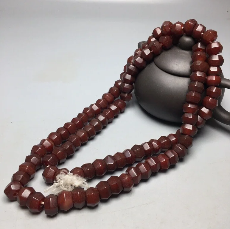 Tibetan Natural Silk Patina Old Red Agate Dzi Beads Necklace M3270