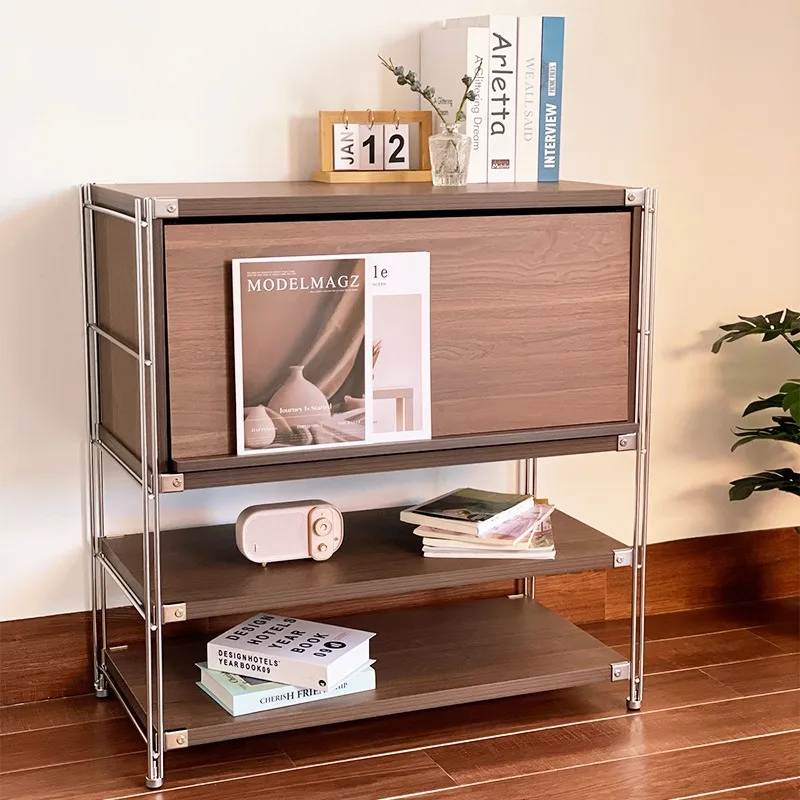 Upward flip door Japanese style magazine cabinet, stainless steel Bauhaus style living room, narrow slit storage rack