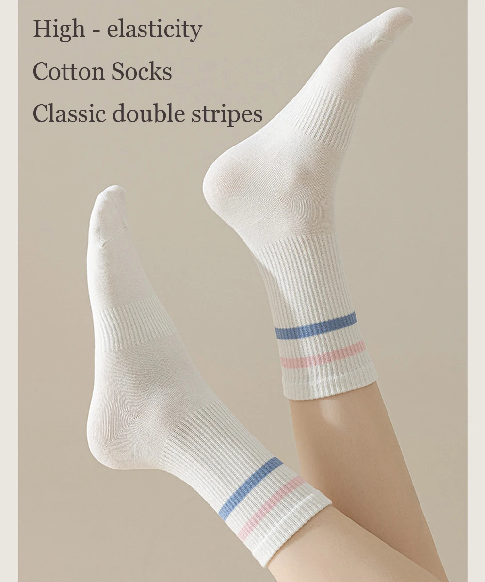 

Женские хлопковые носки средней длины, дышащие, впитывающие пот, высококачественные, повседневные, спортивные, классические, с параллельным узором, без катышков, с напуском
