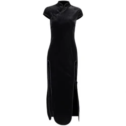 Vintage Velvet Long Cheongsam Dress Stand Collar Side Bandage Black Women Traditional Chinese Clothing Qipao Harajuku Vestidos