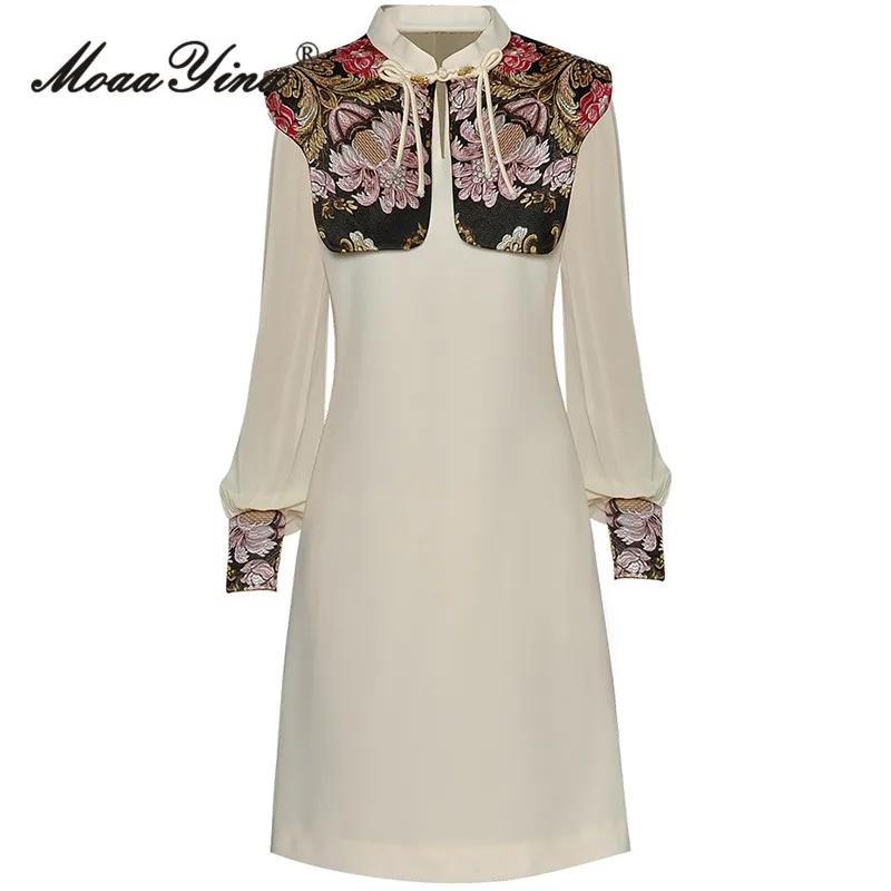 

MoaaYina Spring Fashion Designer Beige Vintage Party Dress Women Stand Collar Button Embroidery Shawl High Waist Slim Mini Dress