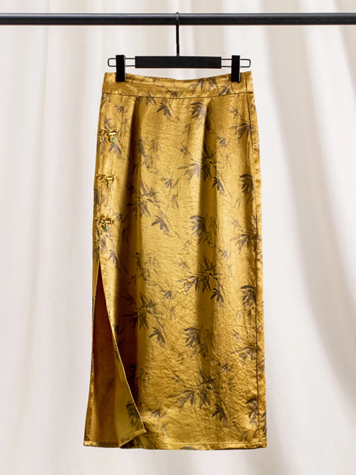 

Юбка миди в китайском стиле с высокой талией, прямым кроем, пуговицами, из мягкой шелковой ткани, с ручной росписью, силуэт H-образной формы