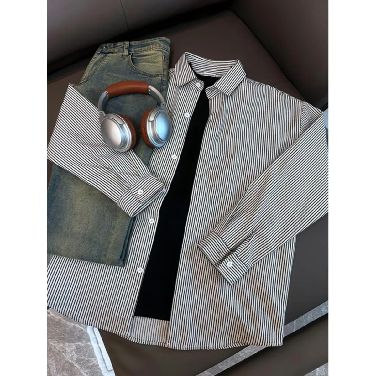 

Retro Striped Long Sve Men's irt Spring Autumn College Sle Sun Clean Top High End Feeling Haome Cheered Outerwear