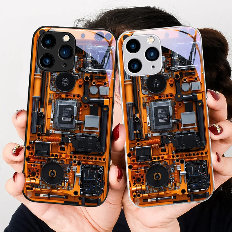 Circuit structure brown Purple For Iphone 16 Plus 15 14 13 12 Mini 11 Pro Max X XS XR 7 8 Plus 2022 Tempered Glass Phone Case