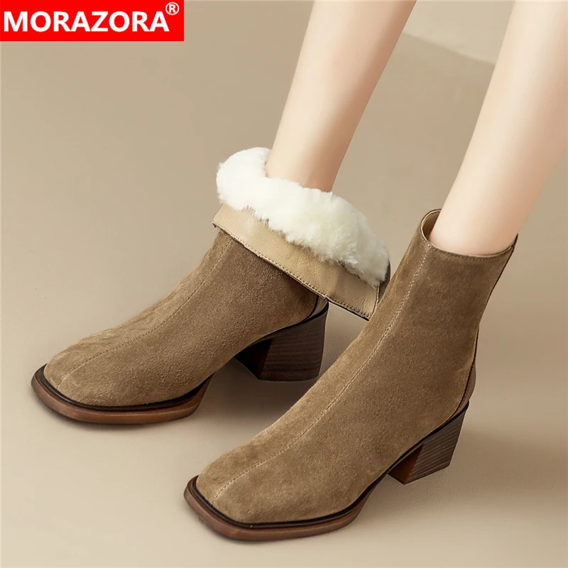 

Size 34-41 Cow Suede Leather Snow Boots Women Zipper Square Toe Chunky Heels Warm Wool Winter Boots Ladies Short Ankle Booties