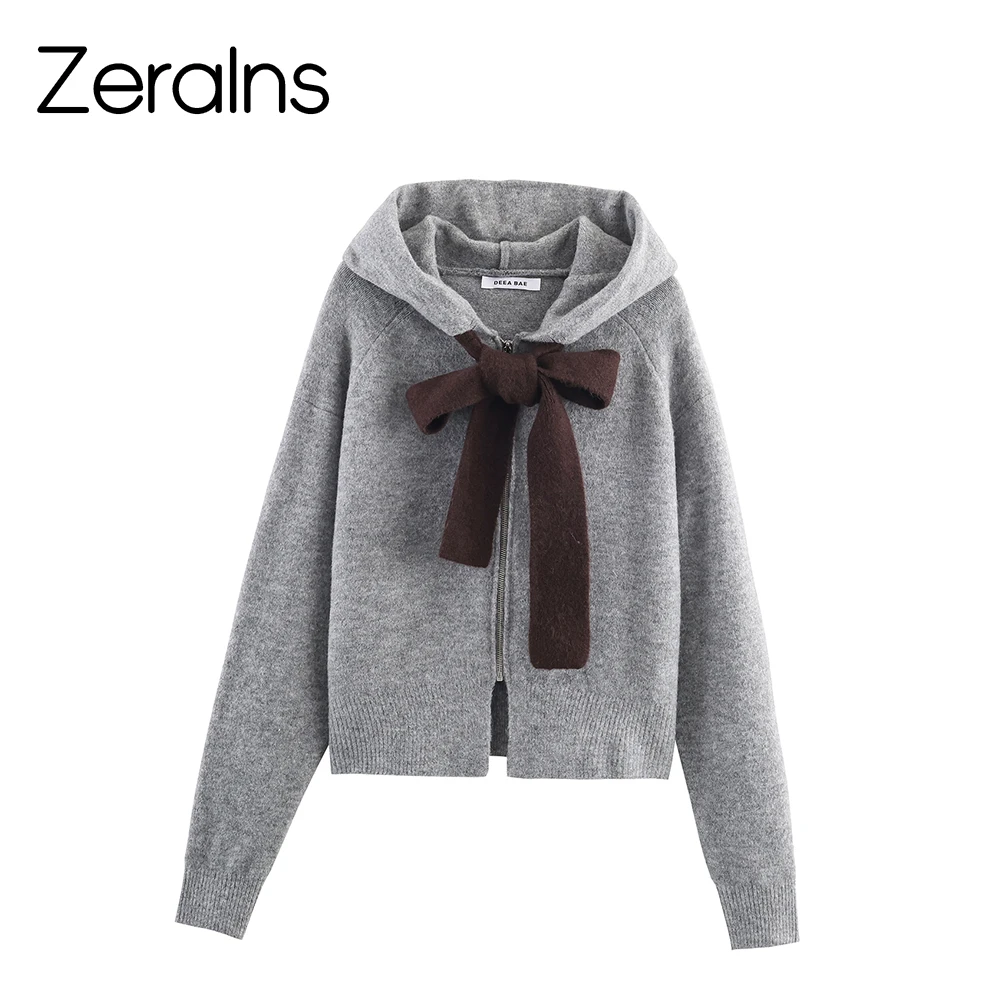 

ZERAINS женский осенний новый повседневный универсальный вязаный кардиган с длинными рукавами и капюшоном, куртка-свитер с бантом