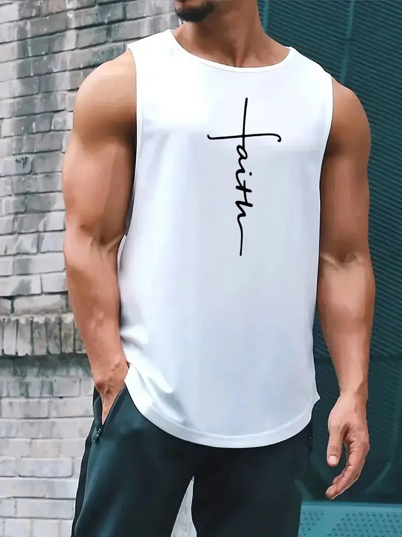 Summer Simple Letter Print Men's Round Neck Tank Top Gym Fitness Training Sports Vest Plus Size Man Sleeveless Shirt Casual Tees image 5