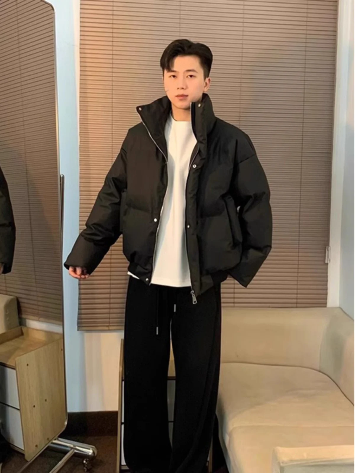 

Thiened American Tee-Proof PU Cotton Jaet Men's Winter Pilot Warmth Bread Sle Stand Collar ort Length Zipper Closur...