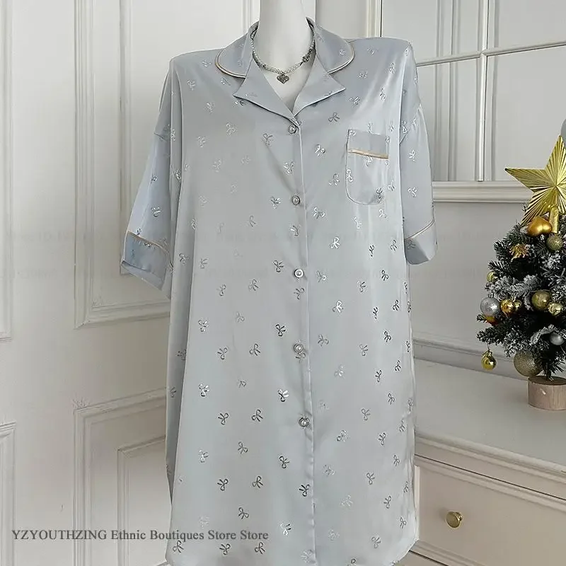 Summer New Female Sleepdress Home Dress Sexy Short Sleeve Nightgown Sleepshirt Loose Silk Satin Bronzing Nightdress Lounge Wear 5