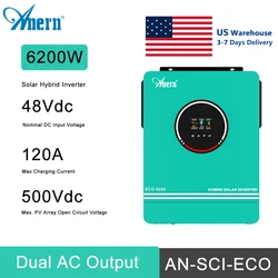 Anern 6.2KW 4.2KW 3KW 1.6KW Hybrid Inverter Off Grid Dual AC Output MPPT 120A on Grid Solar Inverter 48V 24V 12V 230V PV 500Vdc