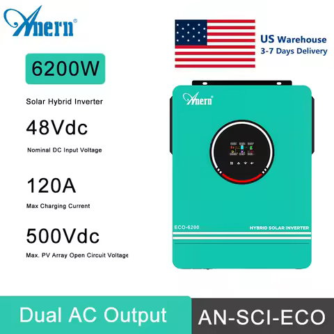 Anern 6.2KW 4.2KW 3KW 1.6KW Hybrid Inverter Off Grid Dual AC Output MPPT 120A on Grid Solar Inverter 48V 24V 12V 230V PV 500Vdc