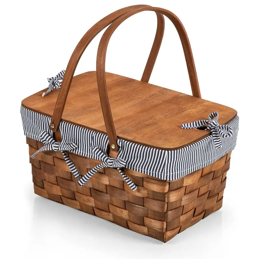 

Kansas Handwoven Wood Picnic Basket, Sturdy Woven Wicker Basket with Tabletop Lid and Removable and Washable Polycotton VintageS