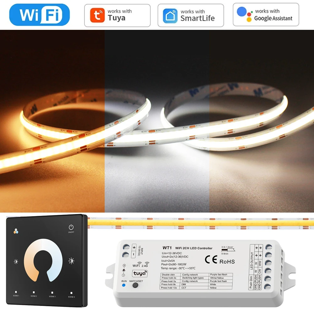 10M 20M Tuya WiFi COB CCT Led Strip 24V Dual White Room Light 2700-6500K 2.4G RF Dimming Touch Remote f Alexa Google SmartThings