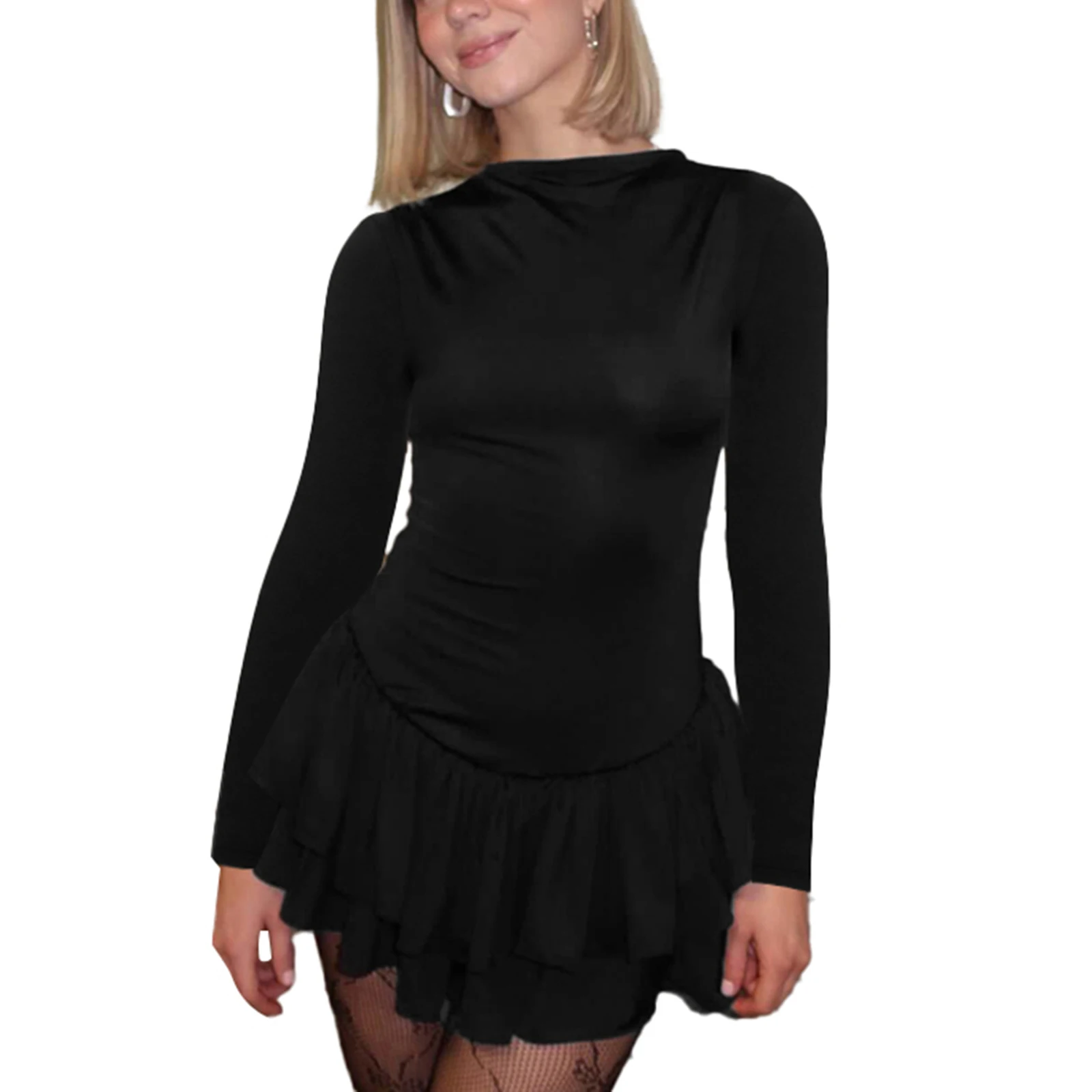 ชุดเดรสแขนยาวสตรีฤดูใบไม้ผลิฤดูใบไม้ร่วงสีทึบรอบคอ Layered Ruffle SLIM FIT ชุดมินิสําหรับปาร์ตี้ทุกวัน Club Streetwear