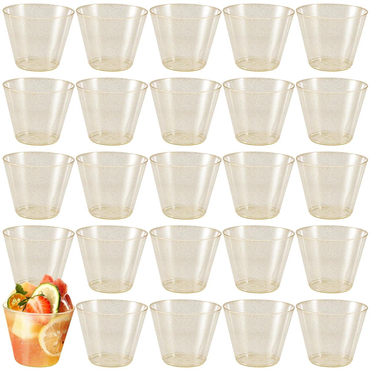 Gold Plastic Cups Clear Plastic Wine Glasses, Fancy Disposable Hard Plastic Cups with Gold Glitter for Cups 25Pcs