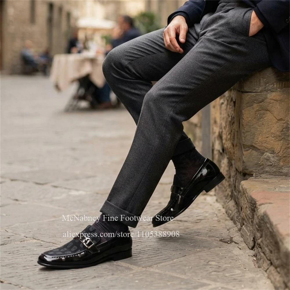 Skull Print Patent Leather Buckle Strap Loafers Men Slip on Square Toe Formal Shoes Dress Casual Business Party Daily Plus Size