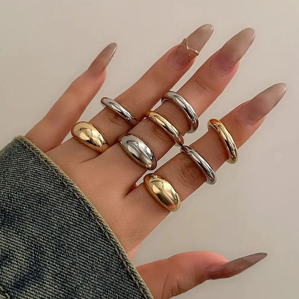 Ingemark 8Pcs/Set Creative Smooth Water Drop Rings for Women Vintage Geometric Adjustable Open Finger Ring Couple Jewelry Gifts