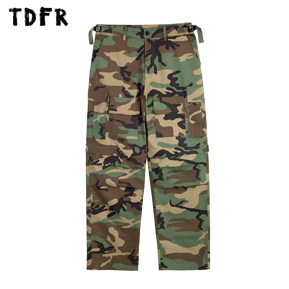 Camouflage Cargo Pants Mens Safari Style Pleated Multi-Pocket Straight Loose Removable Trousers Men