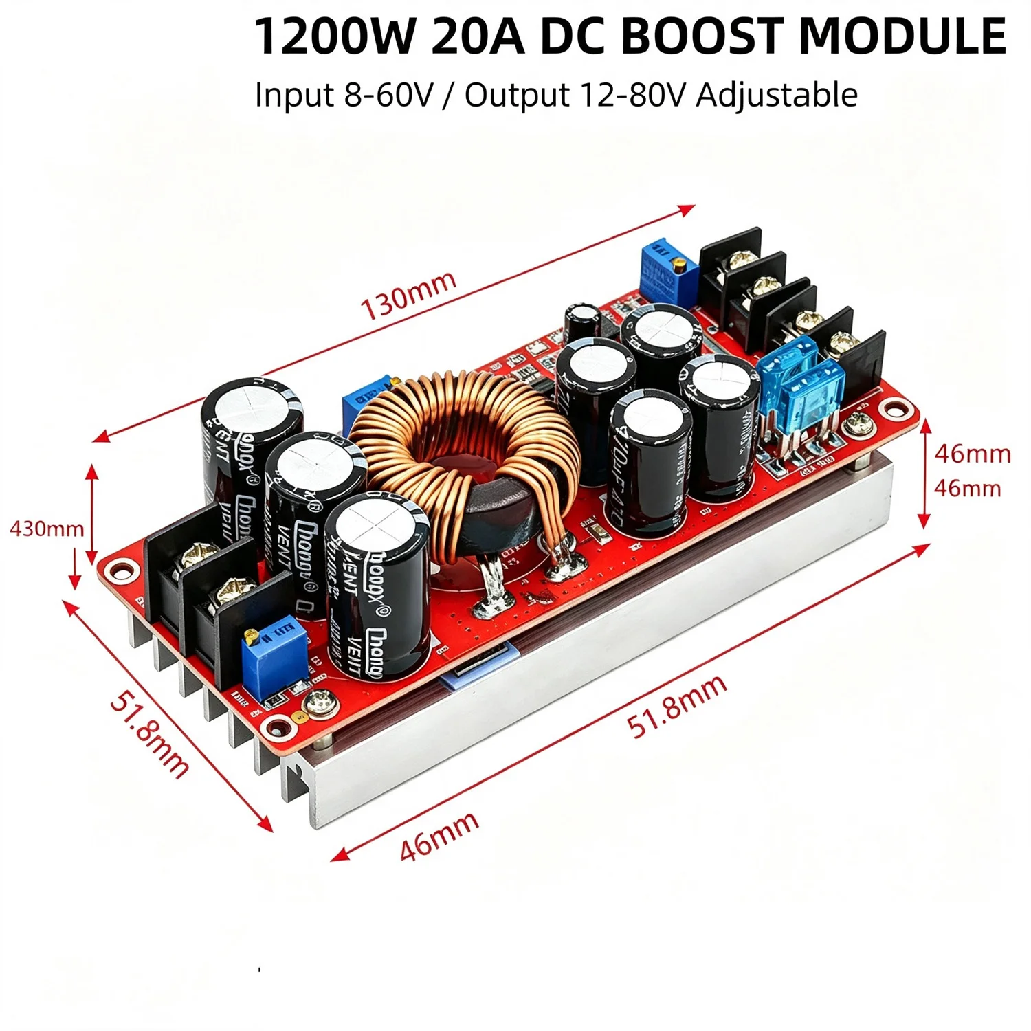 1200W 20A DC-DC Converter Boost Step-Up Power Supply Module with Heat Sink Input 8-60V Output 12-83V for 12V to 24V 48V Conversi