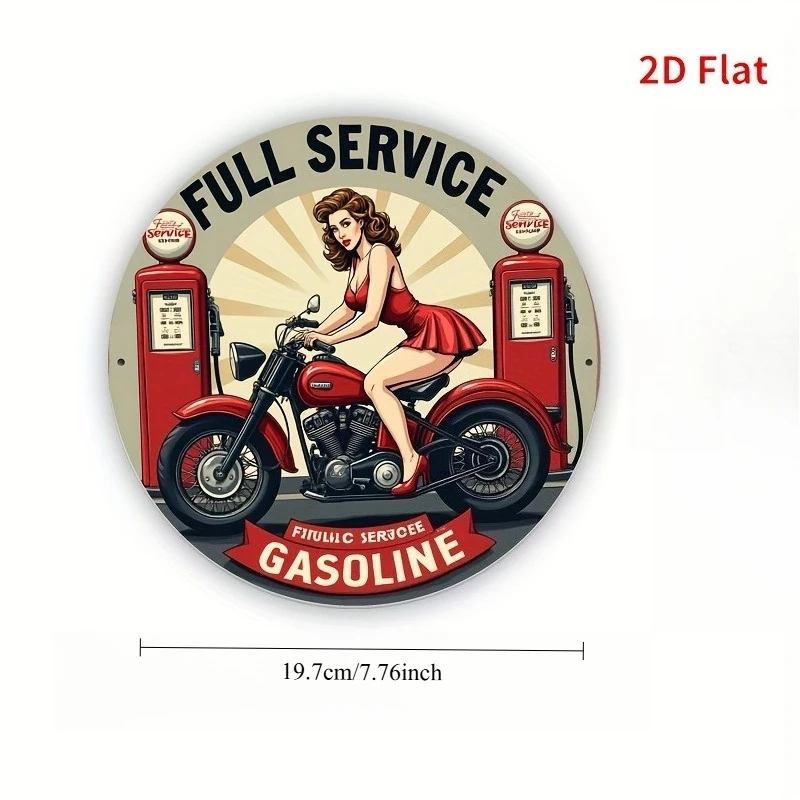 2D Flat, Vintage Gas Station Metal Wall Decor - Retro Service Garage Sign with Motorcycle & Pin-Up Girl, Red/Black/Beige Color