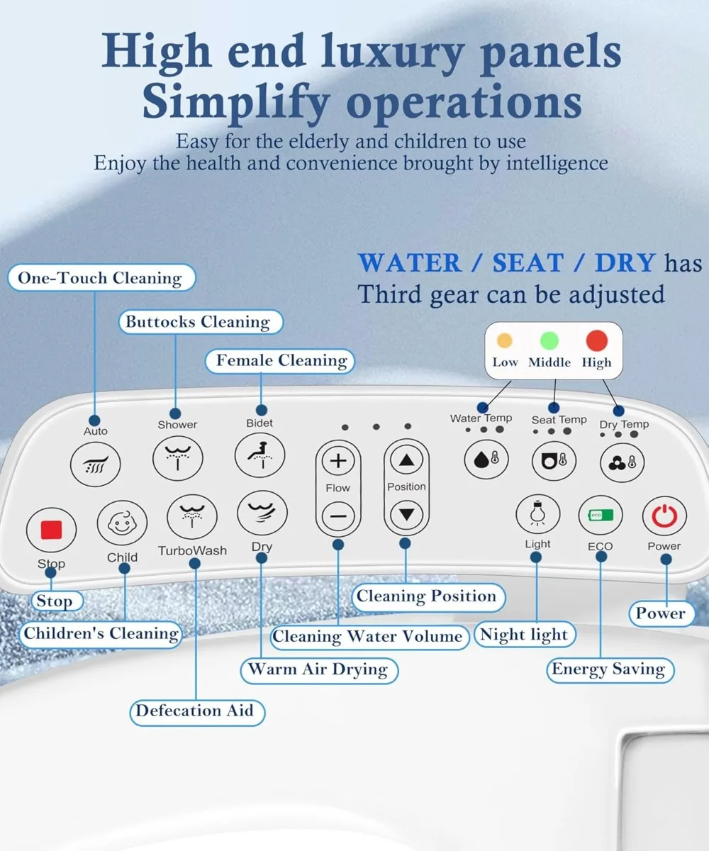

Smart Bidet Toilet Seat with Heated Seat, Warm Air Dryer, Self-Clean Nozzle, Child Mode - Elongated