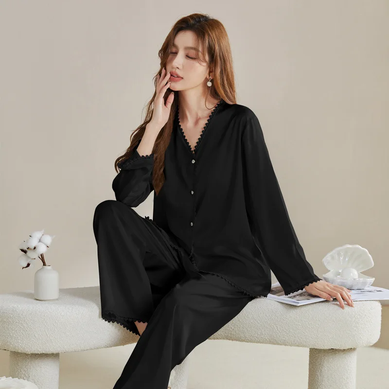 2025 Autumn Winter Luxury Classis  Women Pajamas Ice Silk Two Piece Set Long Sleeve Pants Lace Nightgown Sleepwear Nighty