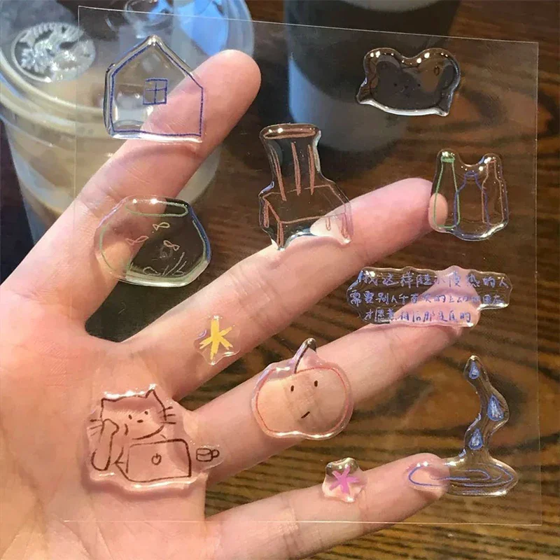 Cute Cartoon Apple Kitten 3D Jelly Stickers Transparent Resin Gel Self-adhesive Decoration For DIY Phone Cases Tablet Computers