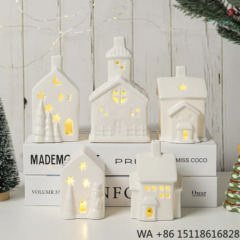 Custom Design White Modern Nordic Glazed Ceramic Figurine with Relief Tree and Snowmen Pattern LED Light Hollow Statue Custom