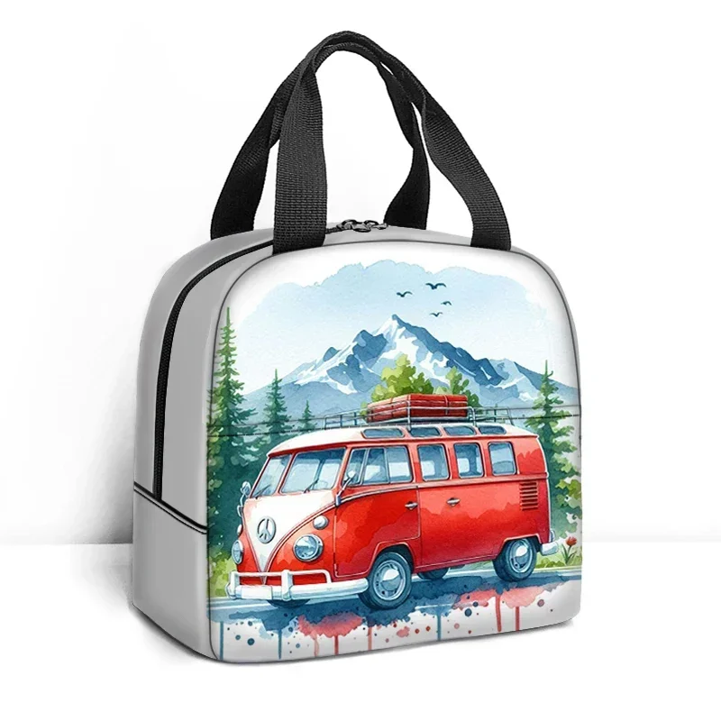 Watercolor Travel Car Print Lunch Bag Electric Motorcycle School Bus Flowers Lunch Box Outdoors Portable Thermal Lunch Bags Gift
