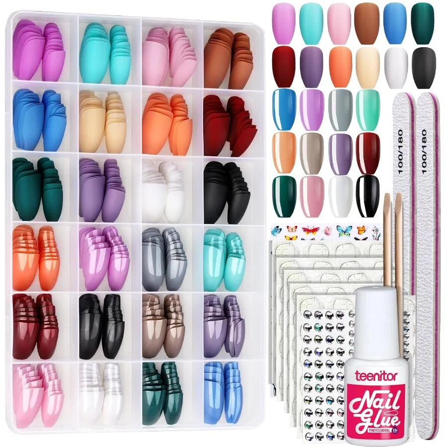 

24 Pack 576 PCS Medium Length Coffin Shape Press On Nails Set for DIY Nail Art 12 Matte and 12 Glossy Finish Coffin Style Nail
