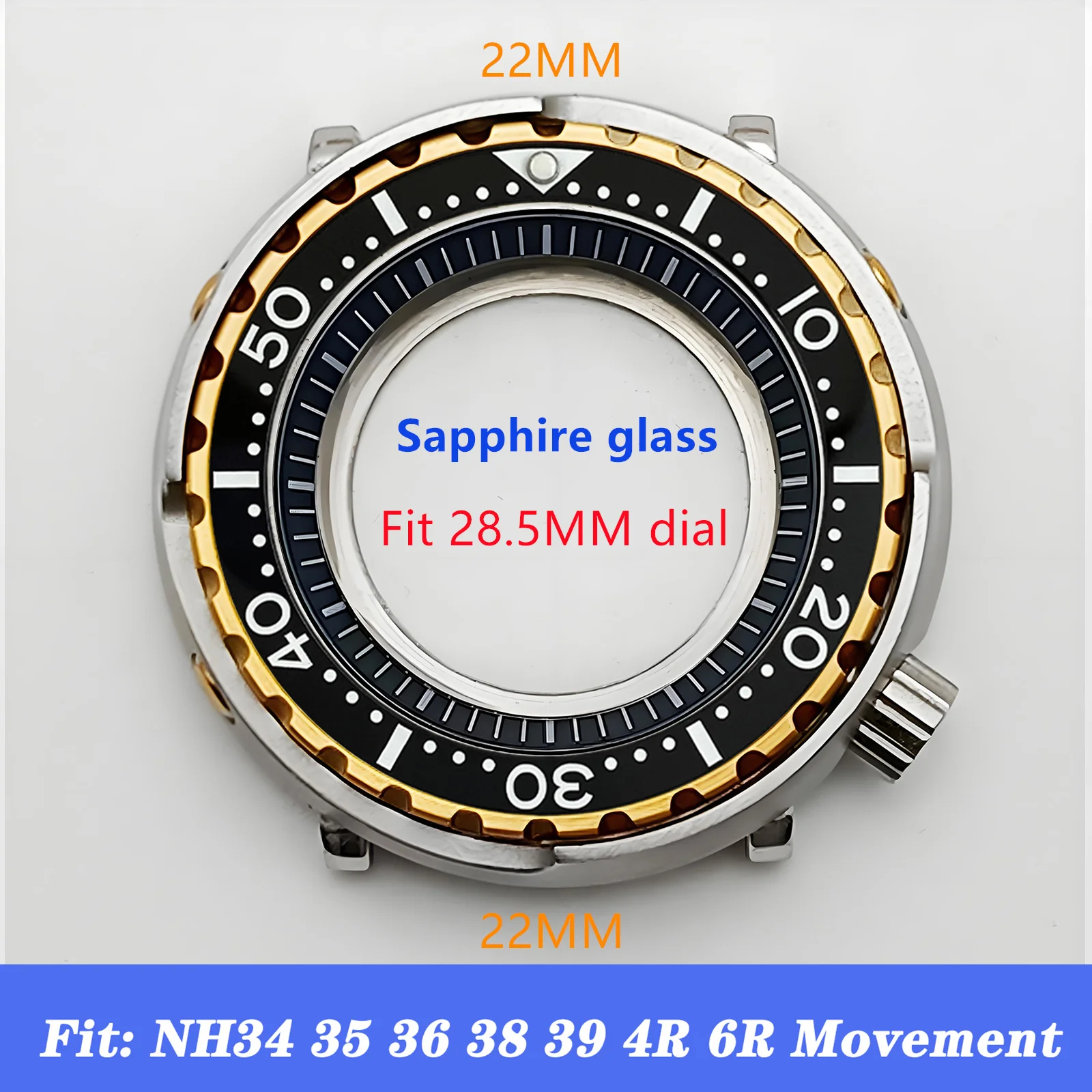 

Mod Tuna Can Case NH35 Case Gold Bezel Ceramic Insert Sapphire Glass Silver Stainless Steel Watch Case