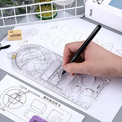 Régua de desenho multifuncional com furos, figura geométrica, ensino médio, matemática, modelo de desenho, fofo