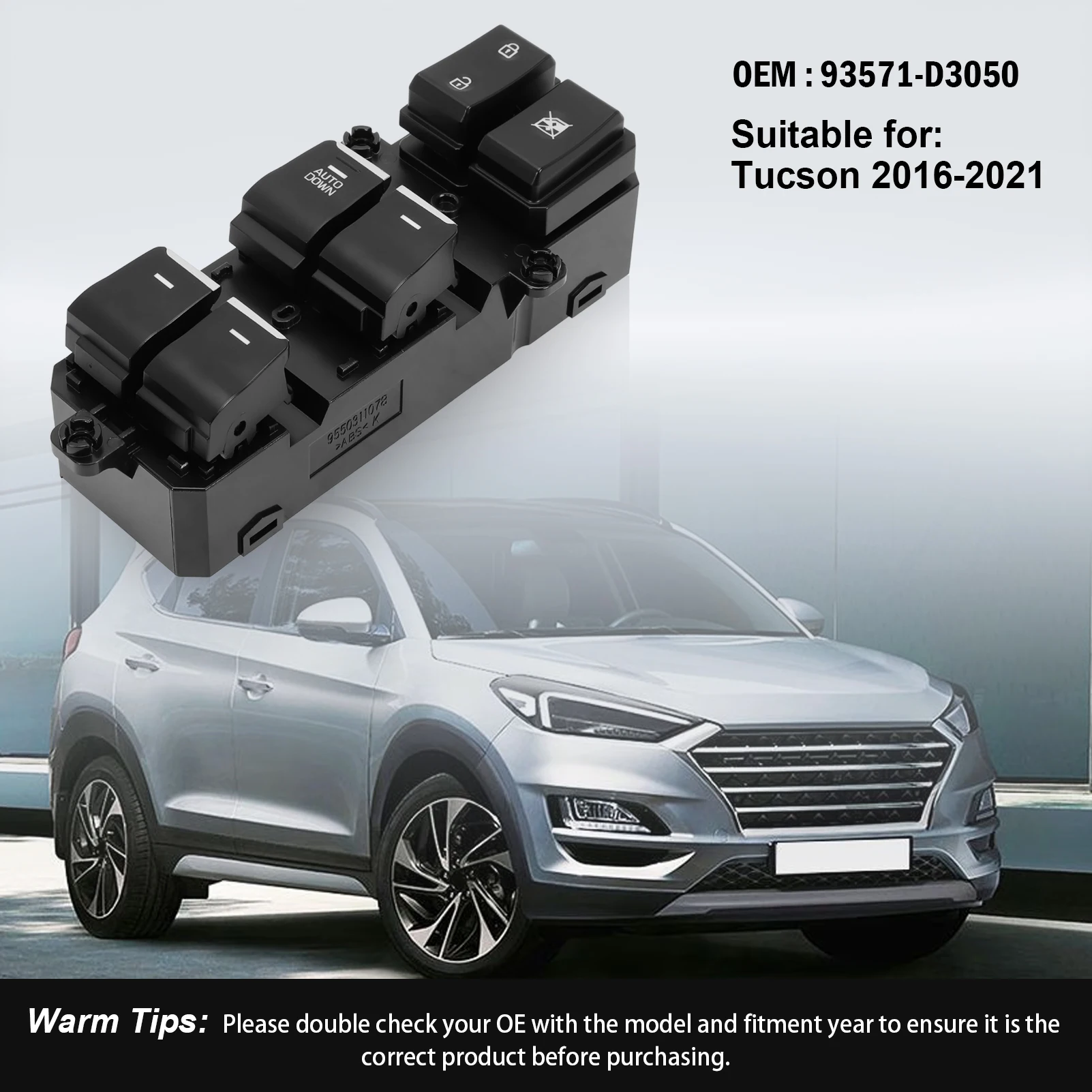 

93571-D3050 Electric Window Switch Front Left Window Control Switch for Hyundai Tucson 2016-2021 Black