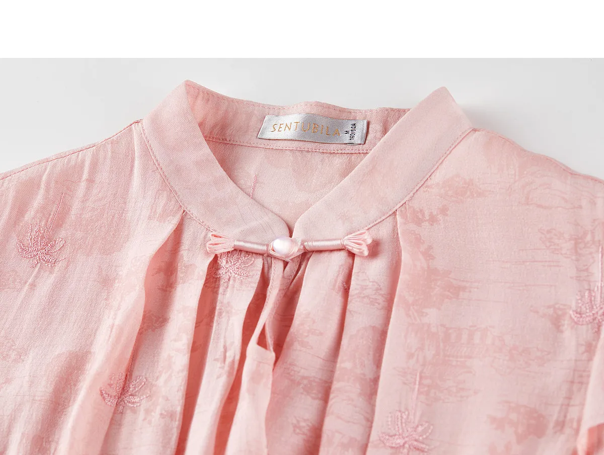 SENTUBILA Elegante Bestickte Jacquard-Chiffonbluse für Damen, Rosa, mit Gepinntem Plissee-Stehkragen und Spitzensaum, Locker Geschnittenes Hemd 162VF5004 – Detail 32