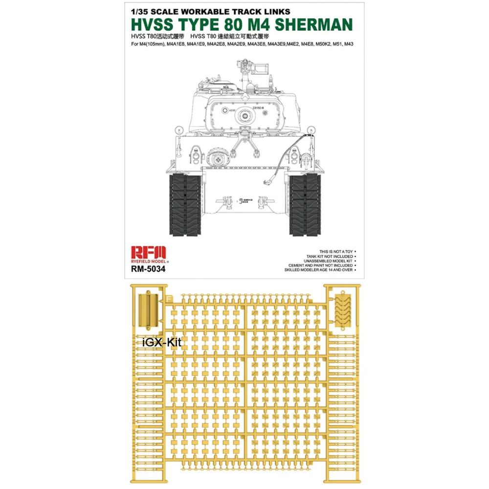 Rye Field 5034 1:35 Scale HVSS Type 80 track M4 Sherman workable links Tank Vehicle Hobby Plastic Assembly Model Building Kit