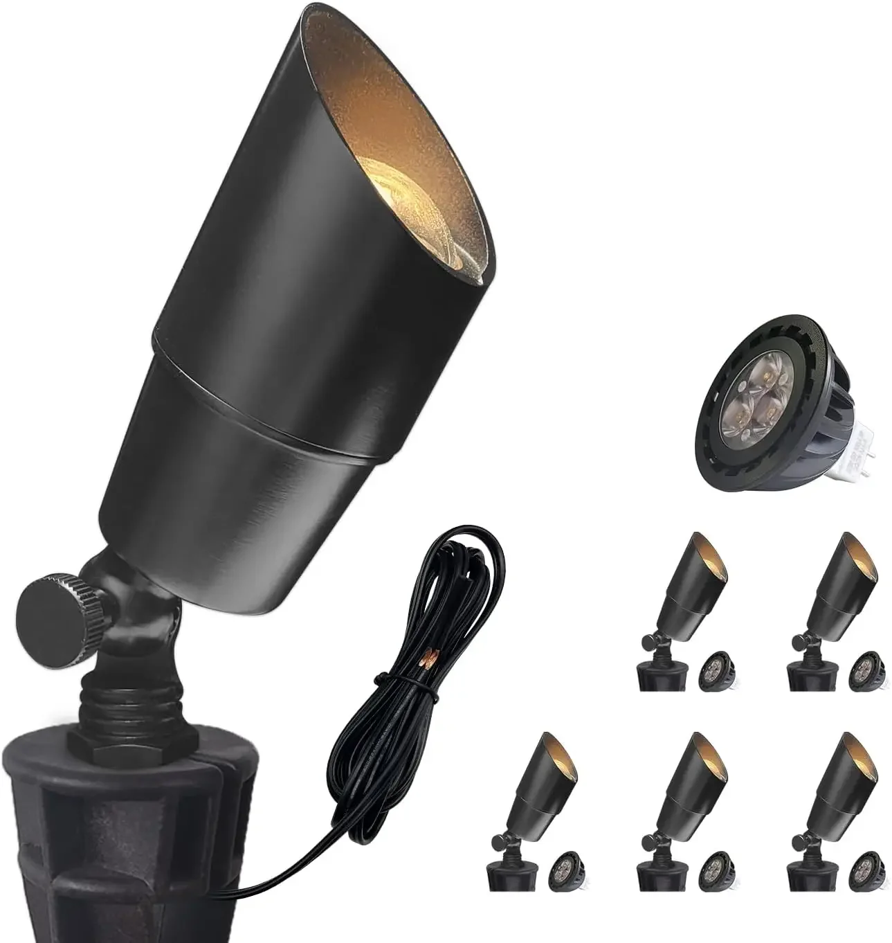 Brass Low Voltage Landscape Spotlight(Black) 6-Pack with 5W Aluminum Housing MR16 LED Bulb 2700K 450LM CRI85+,12V AC/DC Outdoor