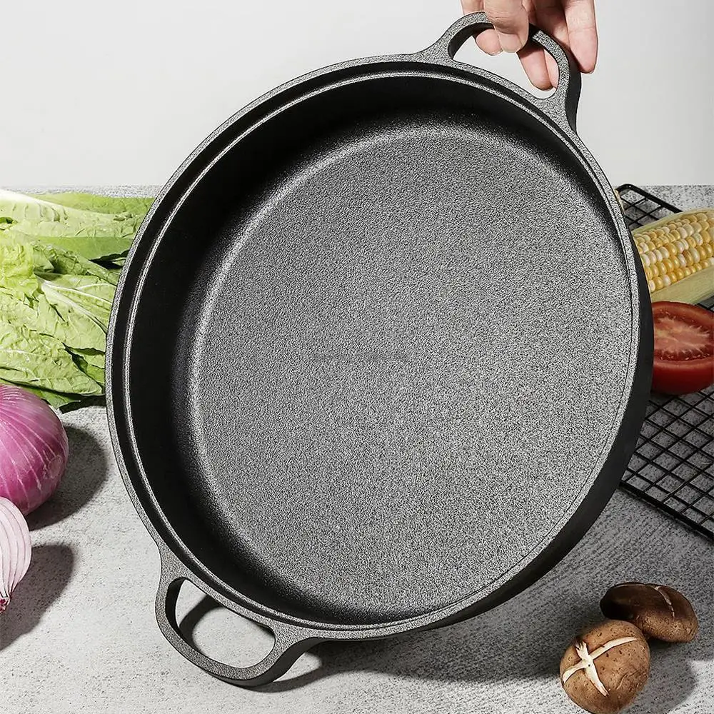 

Thickened Cast Iron Pancake Cooking Pan Pot Dual Handle Pan Uncoated Griddle Wok Non-Stick Griddle Grill Frying Baking Cookware