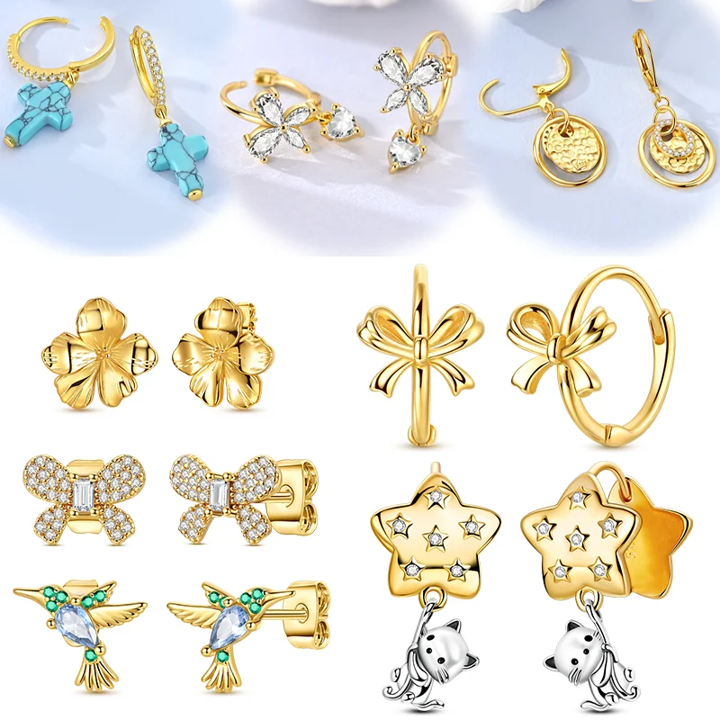 

Серьги из стерлингового серебра 925 пробы золотого цвета, классические серьги-кольца с цветочным бантом и крестом-бабочкой для женщин и девочек, ювелирные изделия, подарки