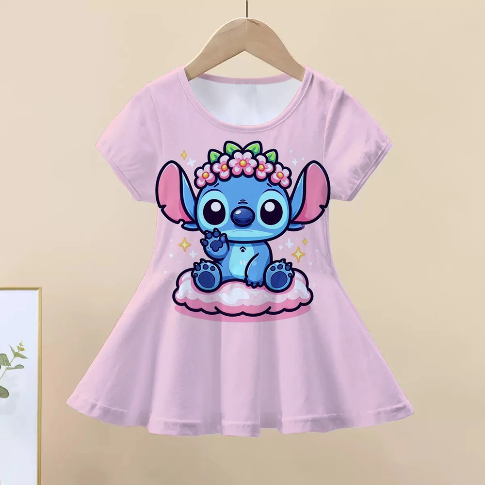Disney Stitch Party Casual Home Dresses For 3-14 Years Children Baby Girl 3D Print Imitation Cotton Short Sleeves Dress