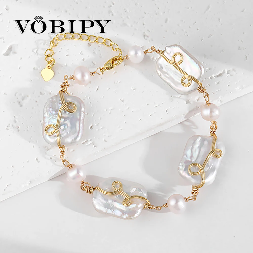 VOBIPY 14K Gold Filled Wire Wrapped Bracelet for Women Natural Freshwater Baroque Pearl Beaded Bracelet 20+5cm Fashion Jewelry