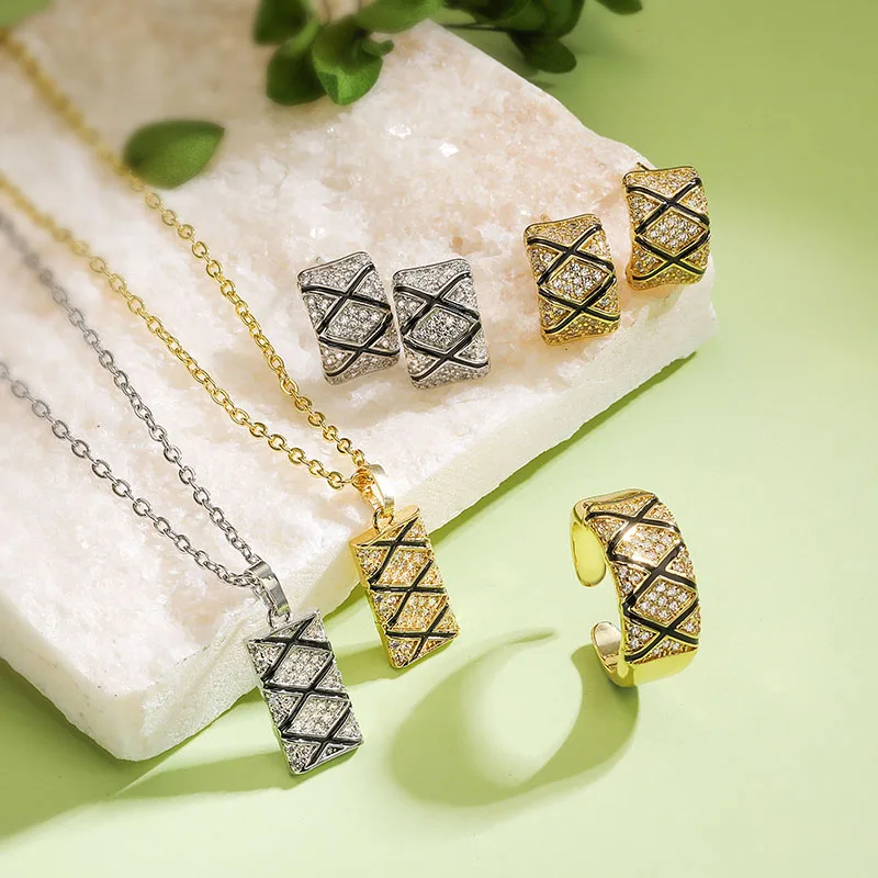 HECHENG, Korean Style Minimalist Niche Design X-textured Zircon Necklace Earrings Rings Neutral Couple Jewelry Accessories