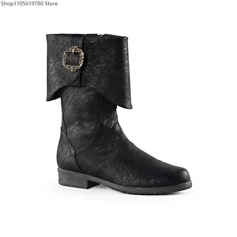 Mens Medieval Cosplay Mid Calf Boots Faux Leather Pirate Shoes With Decorative Buckle For Renaissance Viking Halloween Party 2