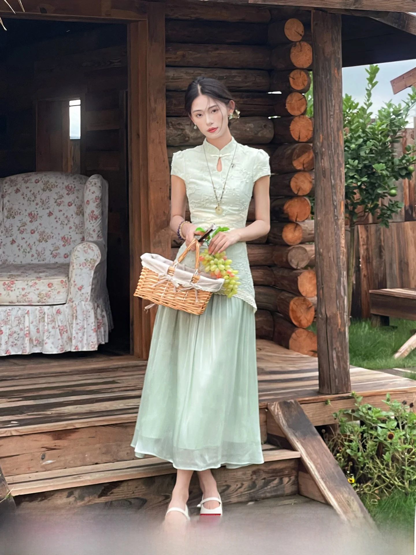 

Lingxian Zhihe Mint New Chinese Style Lace Dress Summer Women's Beautiful Long Dress Floral Pattern Vintage Style