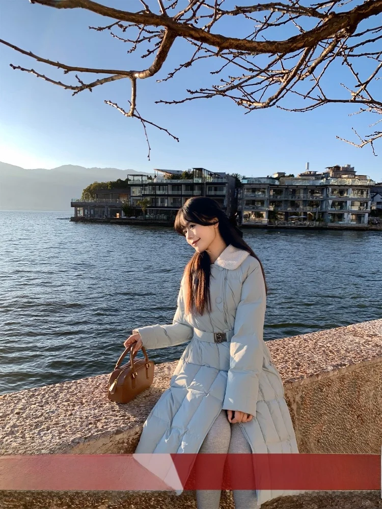 

Women's Quilted Jacket Waist-Cinching 90% White Duck down Mid-Length Splicing Blue Black Warm Outerwear for Winter