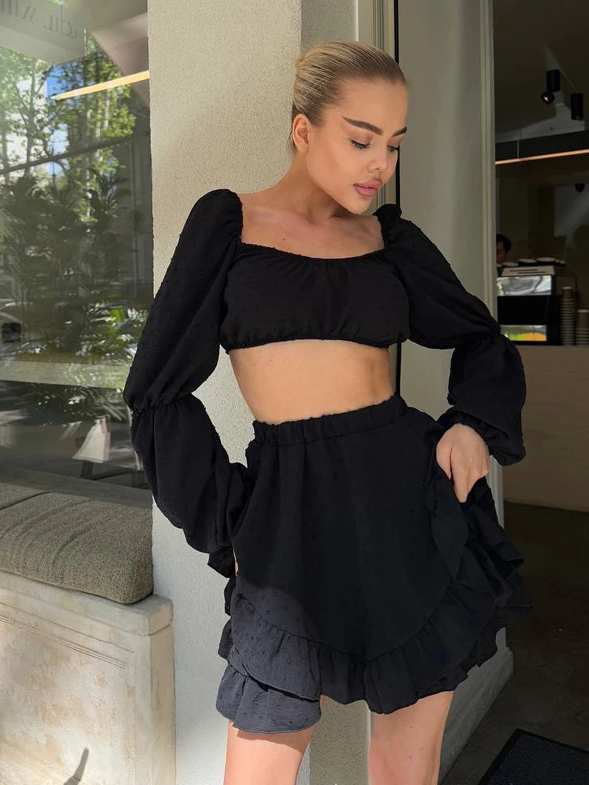 Marthaqiqi Casual Women'S Pajamas 2 Piece Set Crop Top Nightie Long Sleeve Nightwear Slash Neck Nightgowns Skirts Sleepwear Suit