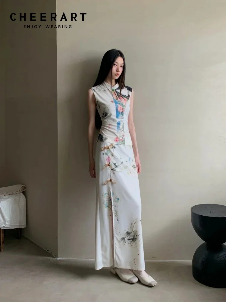 

CHEERART винтажный белый комплект из 2 предметов с цветочным принтом для женщин, сетчатый летний наряд, топ Cheongsam и длинная юбка, комплект элегантной одежды
