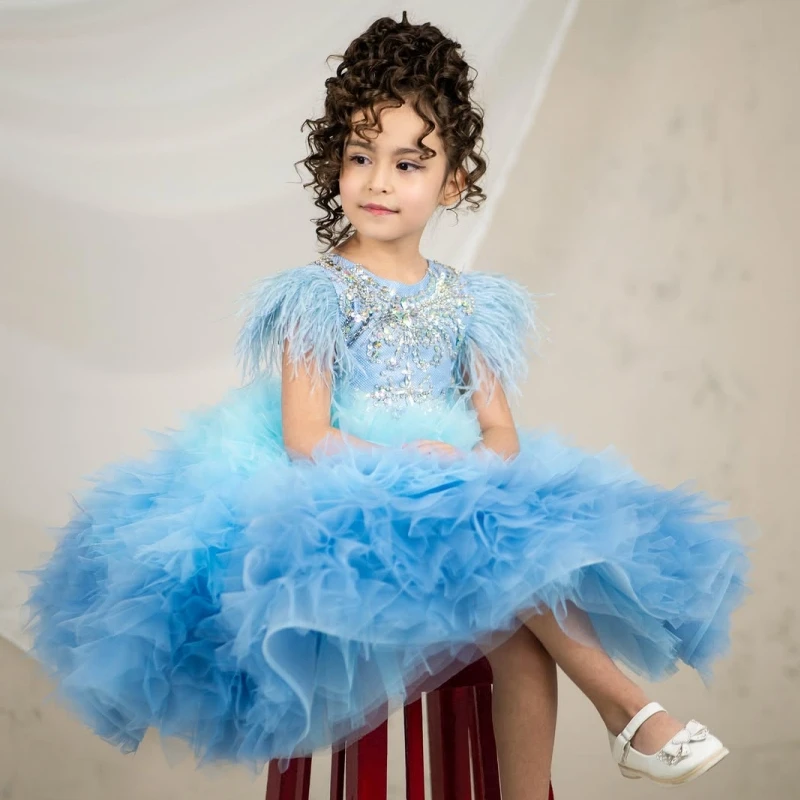 Customized Flower Girl Dresses Blue Tulle Tiered Floral Sequin Sleeveless For Wedding Birthday Party Prom Holy Communion Gowns