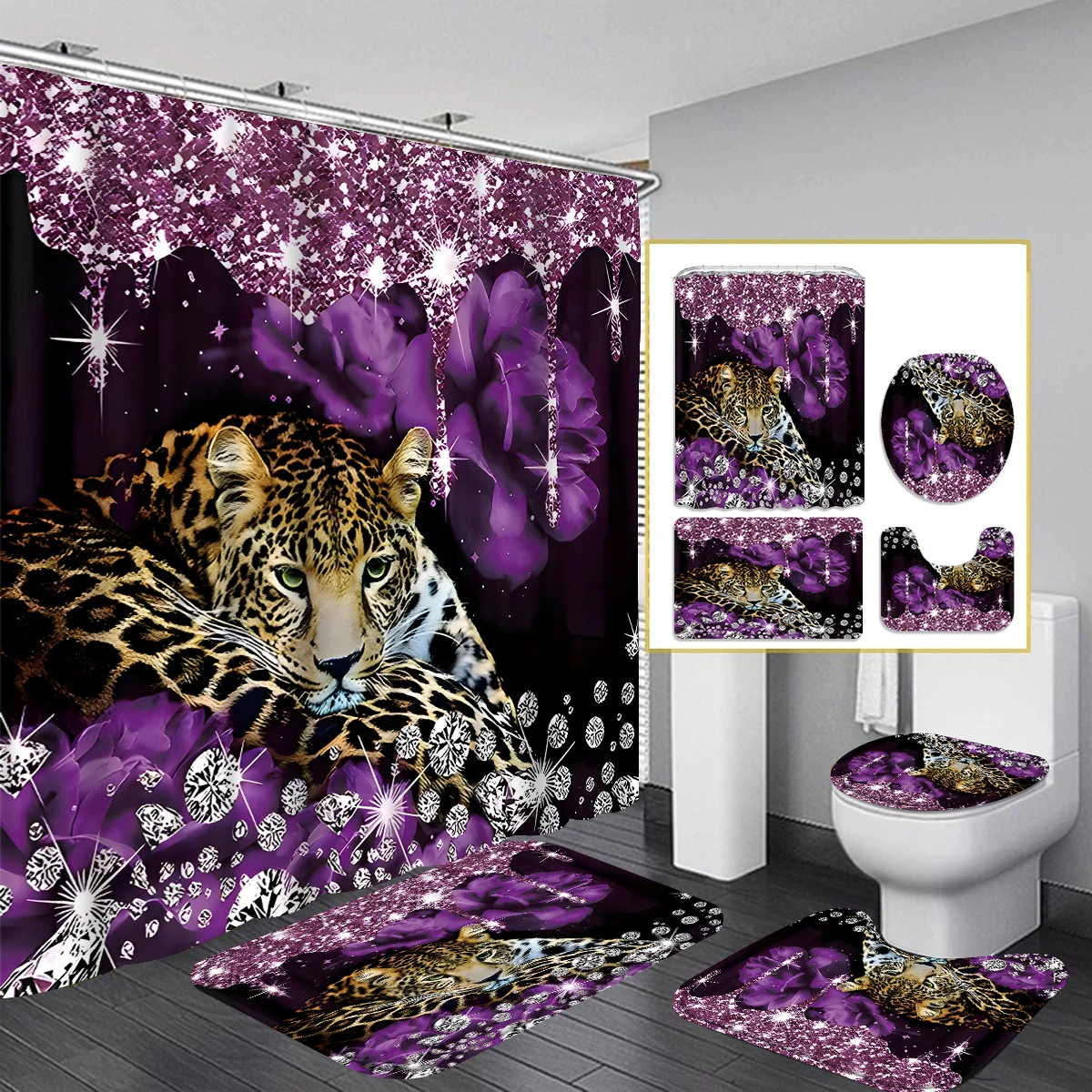 1/4 Piece Shower Curtain Set, Waterproof Bathroom Partition Curtain with Hooks, Anti-Slip Bath Rug, U Shape Mat, Toilet Seat Cov