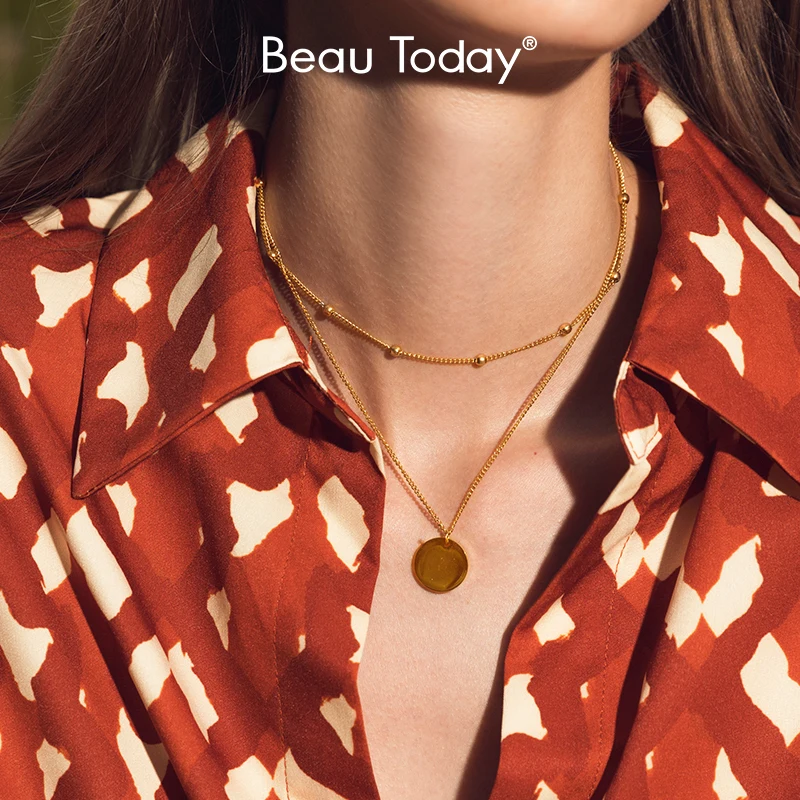 BeauToday Necklaces Women 18K Gold Plated Chains Vintage Round Charm Elegant Layered Female Fashion Accessories Handmade 93003